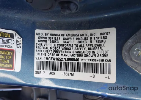 2007 Honda Civic Lx из США, поврежденный, VIN 1HGFA16527L096546